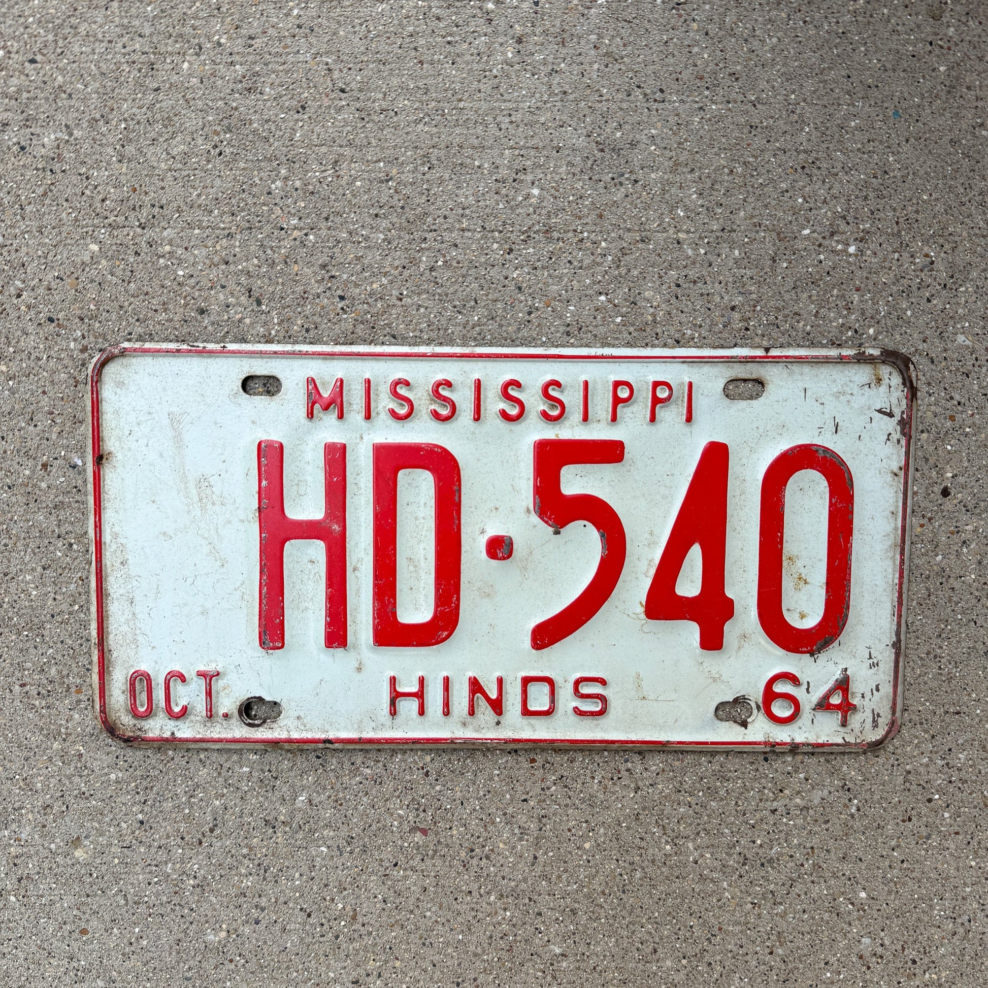 Photo of a 1964 Mississippi License Plate Auto Tag Garage Decor Vintage Hinds County HD 540 with original patina