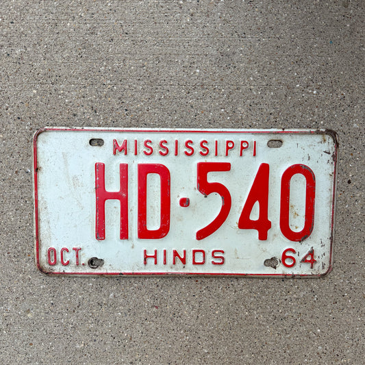 Photo of a 1964 Mississippi License Plate Auto Tag Garage Decor Vintage Hinds County HD 540 with original patina