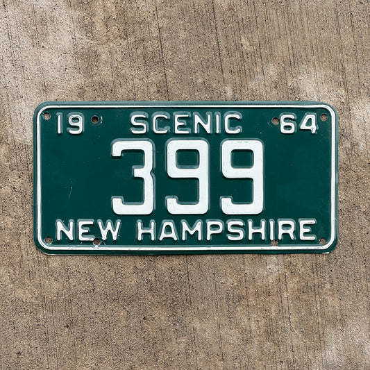 Photo of a 1964 New Hampshire License Plate Auto Tag 1 Vintage Garage Low Number Three Digit 399 with original patina