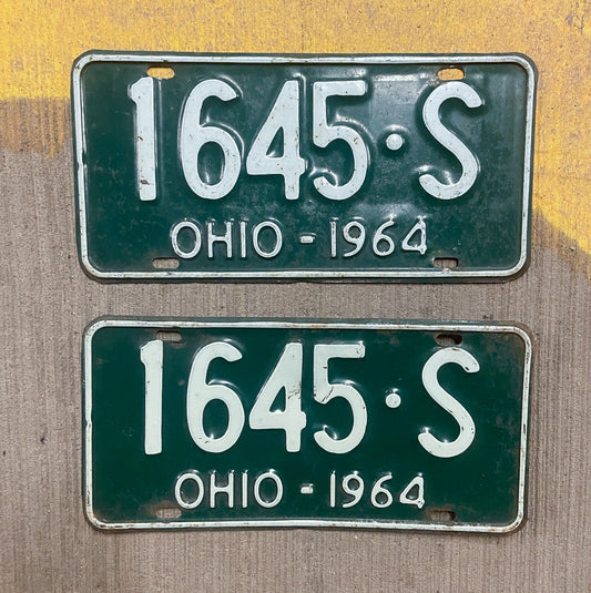 Photo of a 1964 Ohio License Plate Pair Auto Tag Garage Decor Vintage 1645 S with original patina