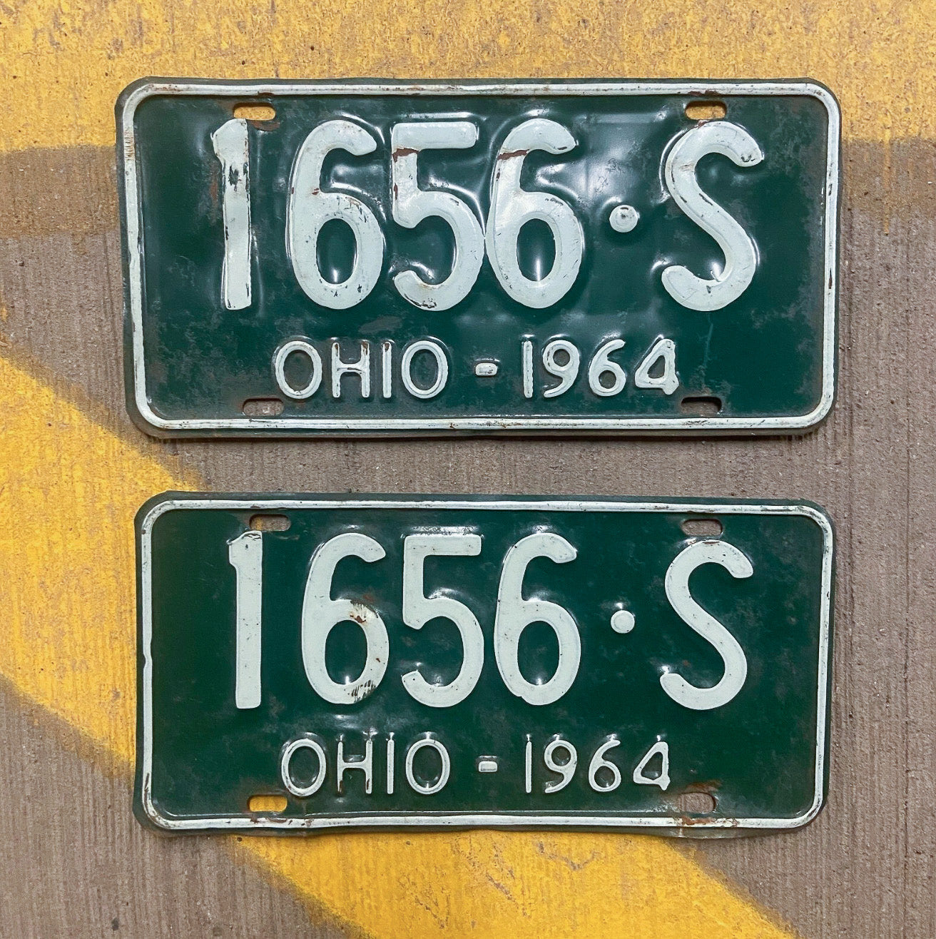 Photo of a 1964 Ohio License Plate Pair Auto Tag Garage Decor Vintage 1656 S with original patina