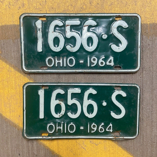 Photo of a 1964 Ohio License Plate Pair Auto Tag Garage Decor Vintage 1656 S with original patina