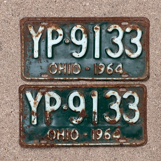 Photo of a 1964 Ohio License Plate Pair Auto Tag Garage Decor Vintage YP 9133 with original patina