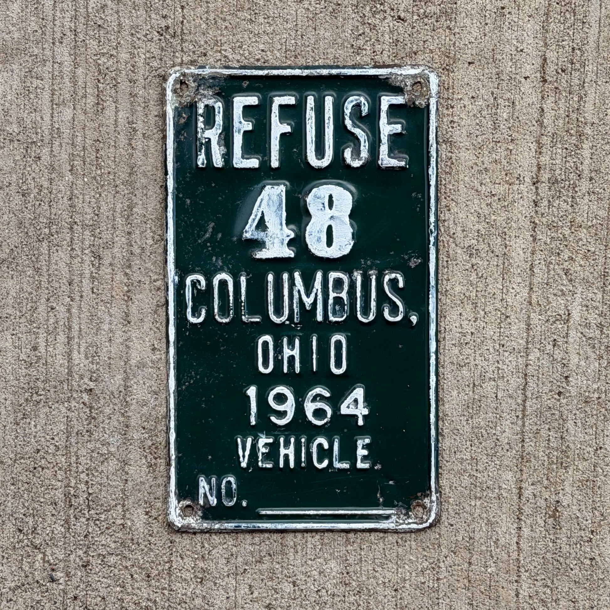 Photo of a 1964 Ohio Refuse License Plate Auto Tag Garage Decor Vintage Columbus Garbage Trash 48 with original patina
