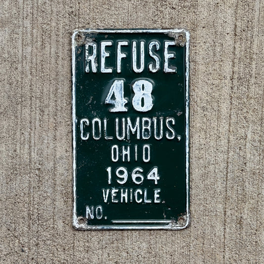 Photo of a 1964 Ohio Refuse License Plate Auto Tag Garage Decor Vintage Columbus Garbage Trash 48 with original patina