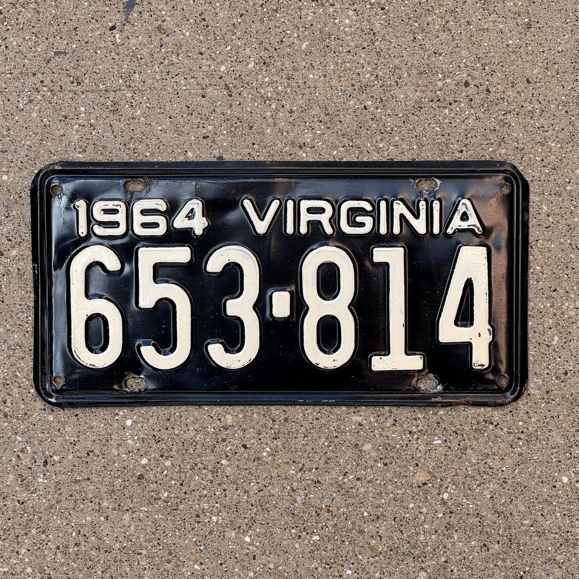 Photo of a 1964 Virginia License Plate Auto Tag Garage Decor Vintage 653 814 with original patina