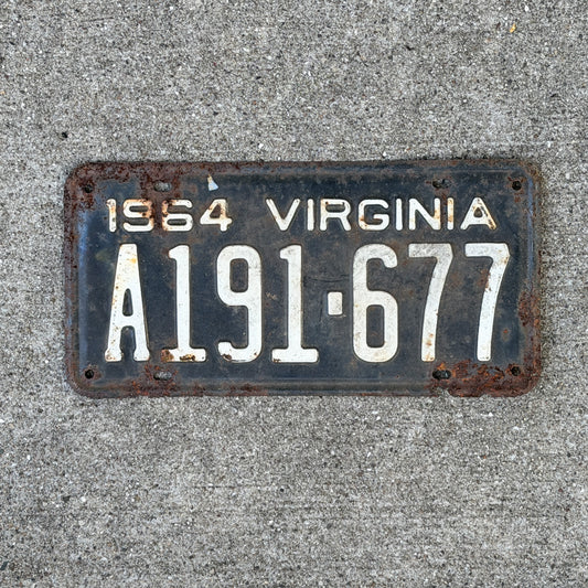 Photo of a 1964 Virginia License Plate Auto Tag Garage Decor Vintage A 191 677 with original patina