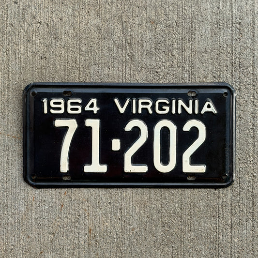 Photo of a 1964 Virginia License Plate Auto Tag Garage Decor Vintage High Quality 71 202 with original patina