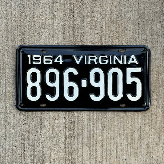 Photo of a 1964 Virginia License Plate Auto Tag Garage Decor Vintage High Quality 896 905 with original patina