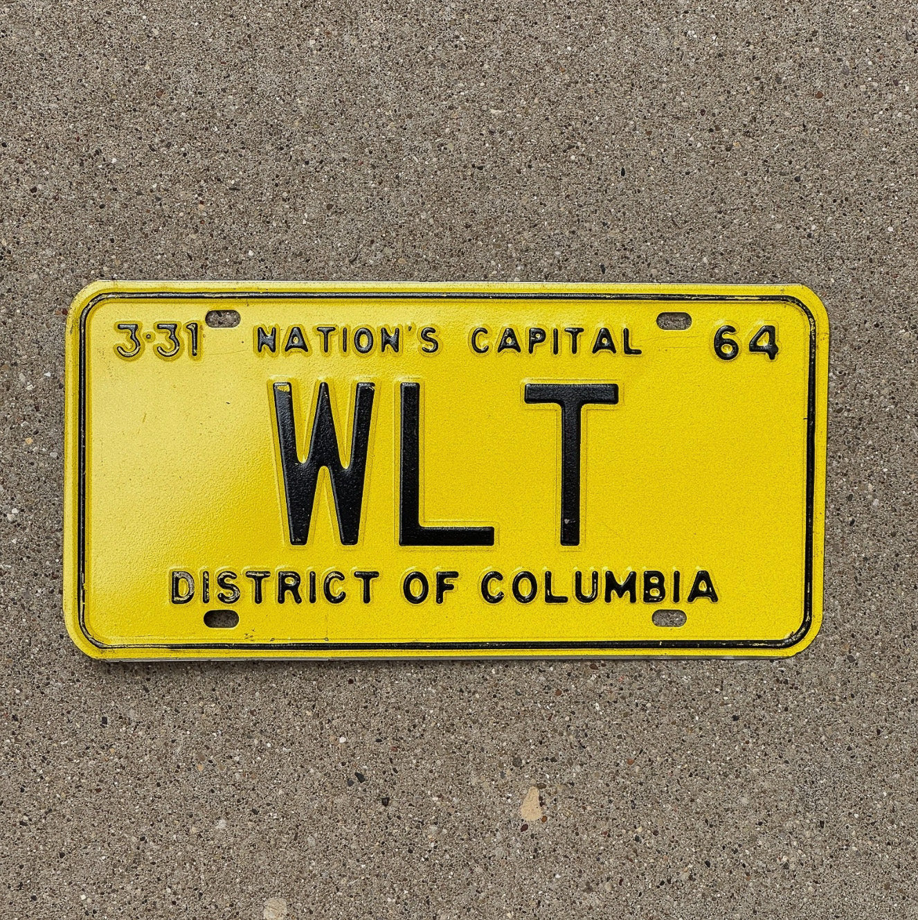 Photo of a 1964 Washington DC Vanity License Plate Auto Tag Garage Decor Vintage Prototype Walter N Tobriner Commissioner WLT with original patina