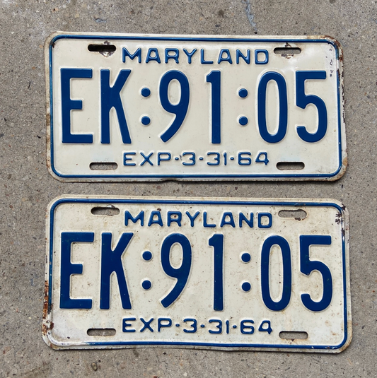 1964 Maryland License Plate Pair Classic Car Auto Tag Set EK 9105