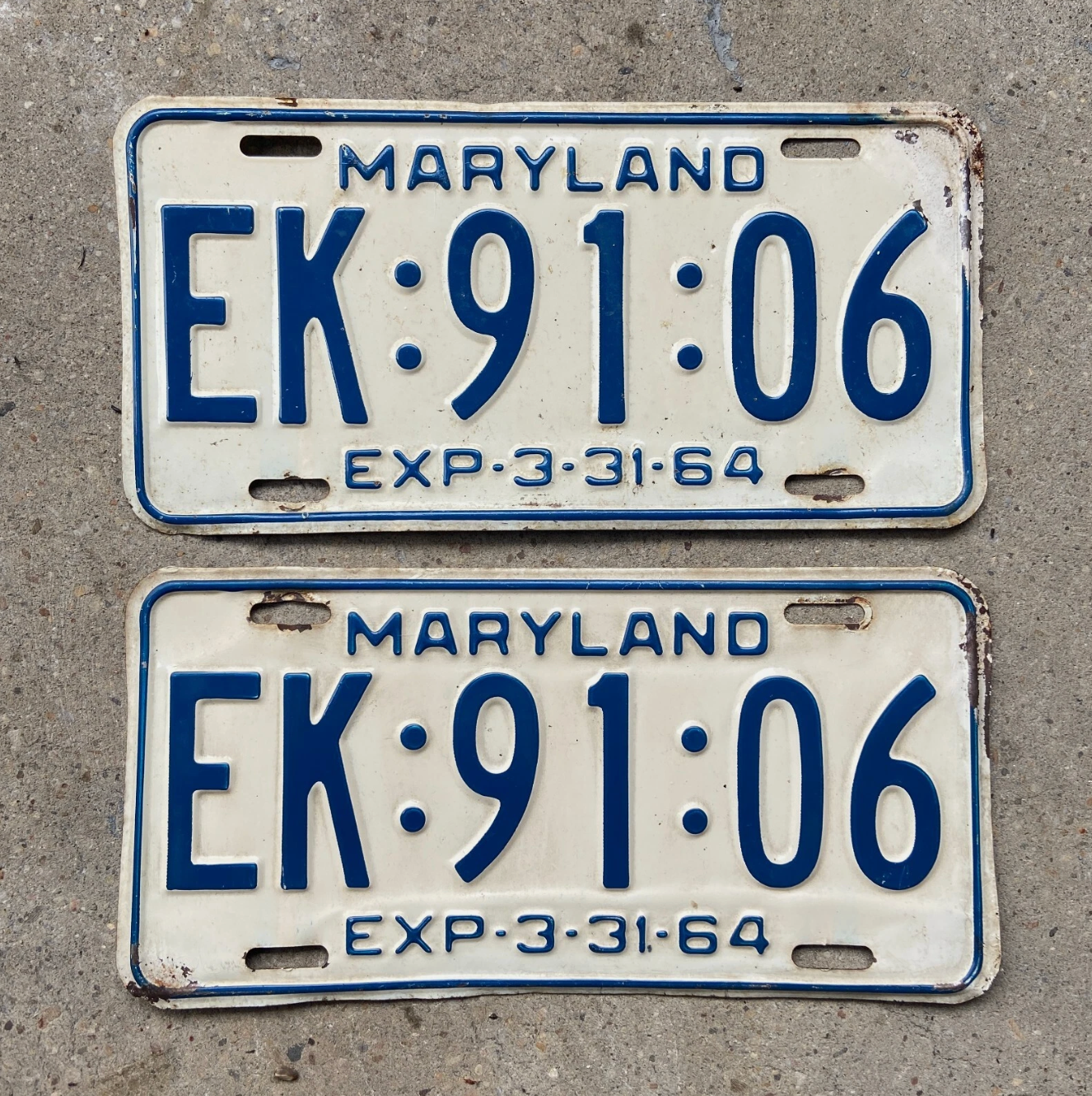 1964 Maryland License Plate Pair Classic Car Auto Tag Set EK 9106