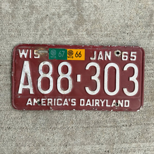 Photo of a 1965 1967 Wisconsin License Plate Auto Tag Garage Decor Vintage A 88 303 with original patina