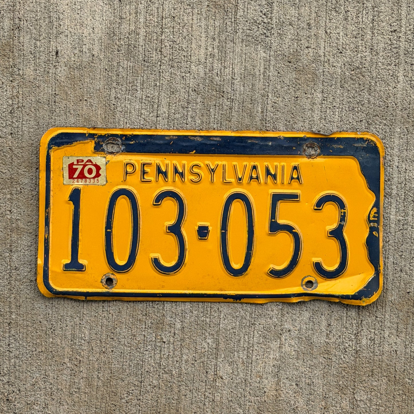 Photo of a 1965 1970 Pennsylvania License Plate Auto Tag Garage Decor Vintage 103 053 with original patina