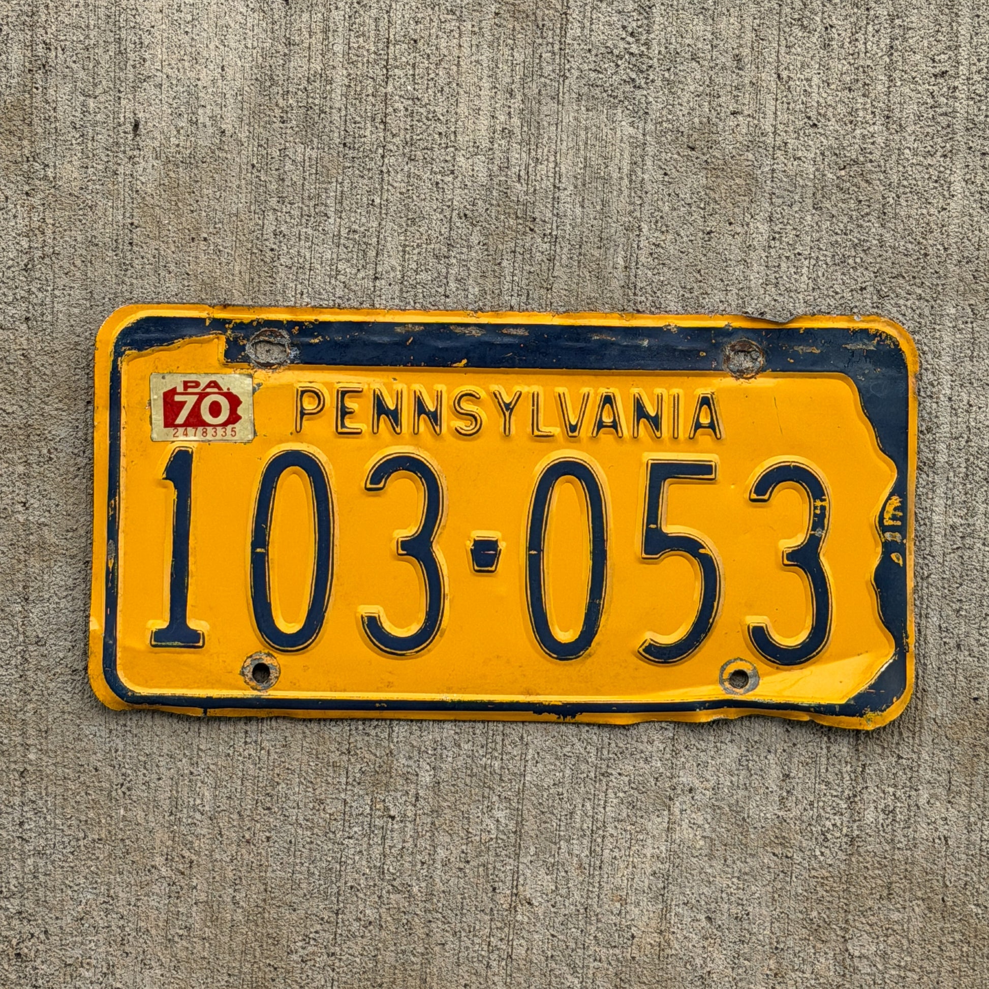 Photo of a 1965 1970 Pennsylvania License Plate Auto Tag Garage Decor Vintage 103 053 with original patina