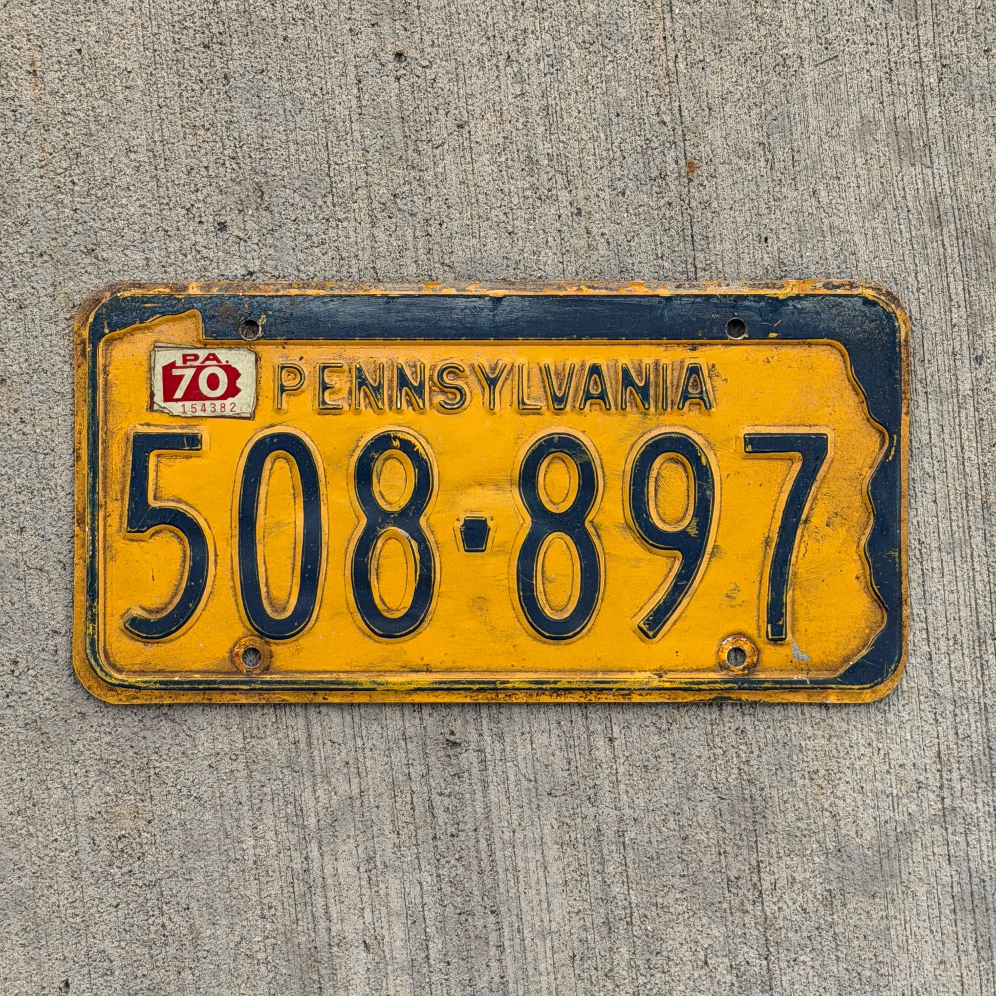 Photo of a 1965 1970 Pennsylvania License Plate Auto Tag Garage Decor Vintage 508 897 with original patina