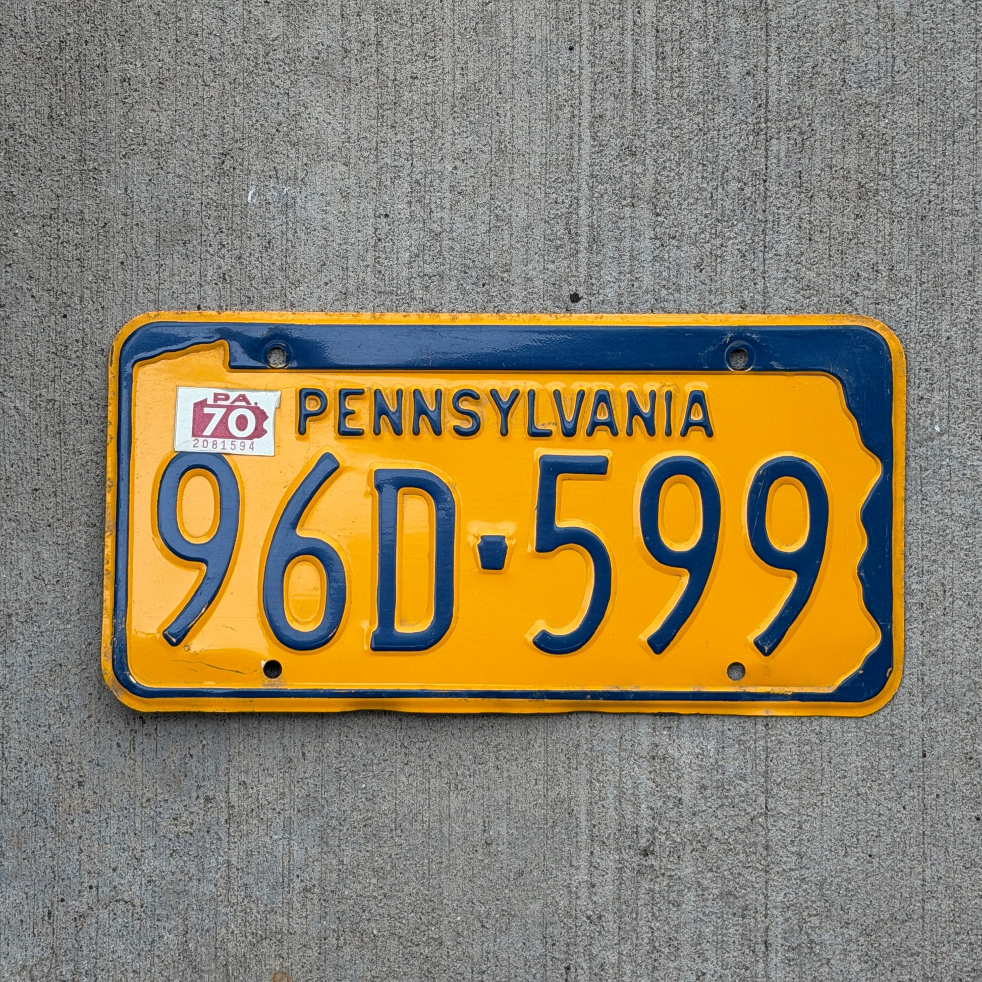 Photo of a 1965 1970 Pennsylvania License Plate Auto Tag Garage Decor Vintage 96D 599 with original patina