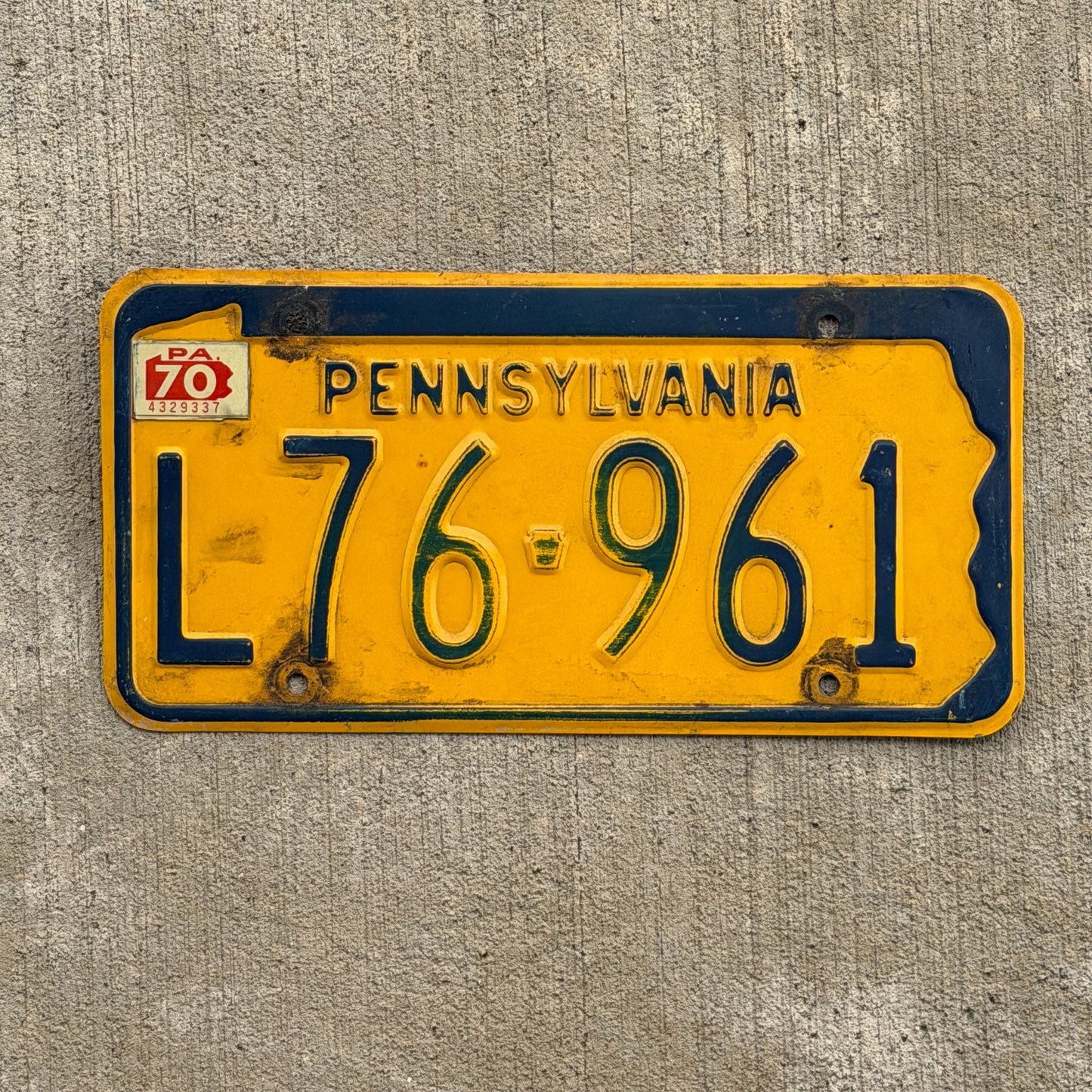 Photo of a 1965 1970 Pennsylvania License Plate Auto Tag Garage Decor Vintage L 76 961 with original patina