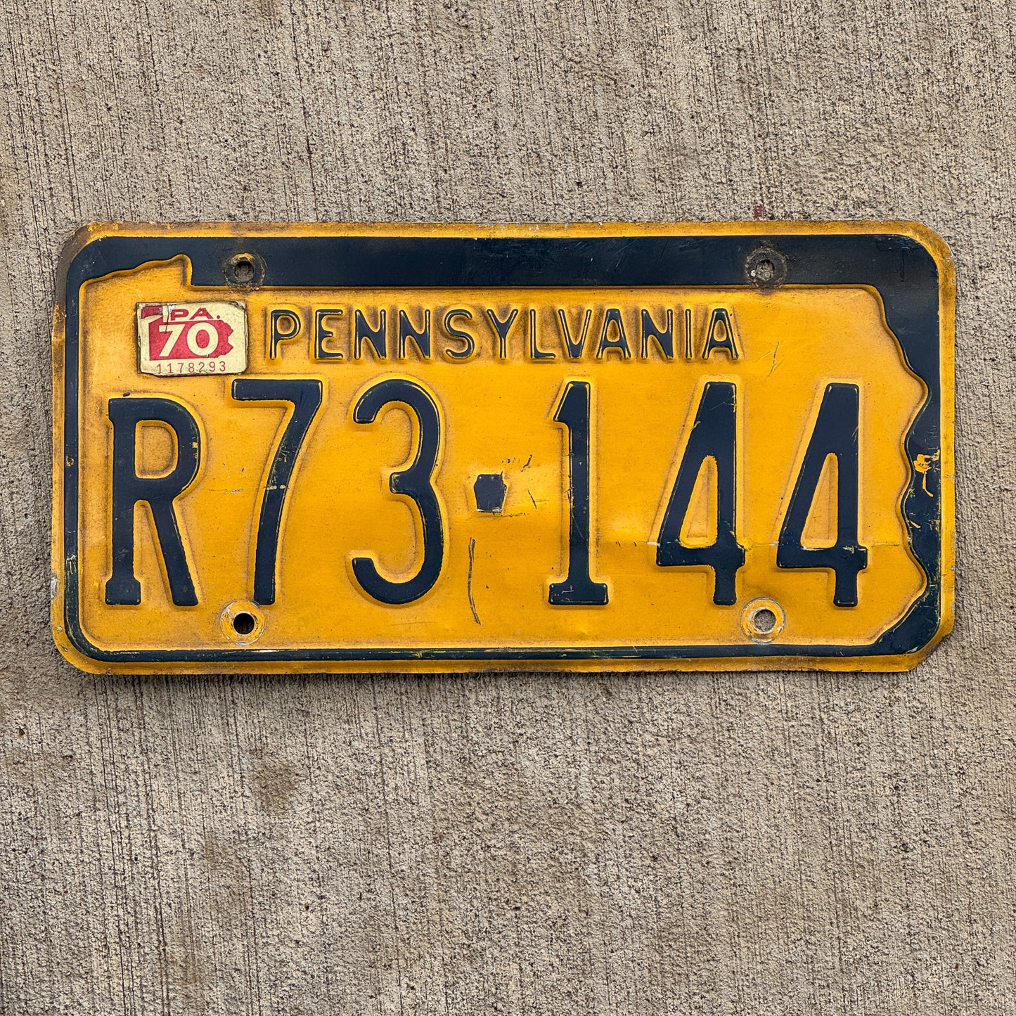 Photo of a 1965 1970 Pennsylvania License Plate Auto Tag Garage Decor Vintage R73 144 with original patina