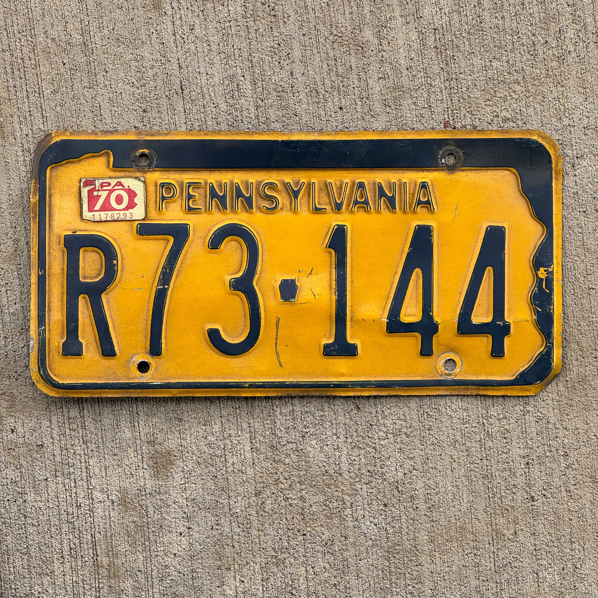Photo of a 1965 1970 Pennsylvania License Plate Auto Tag Garage Decor Vintage R73 144 with original patina