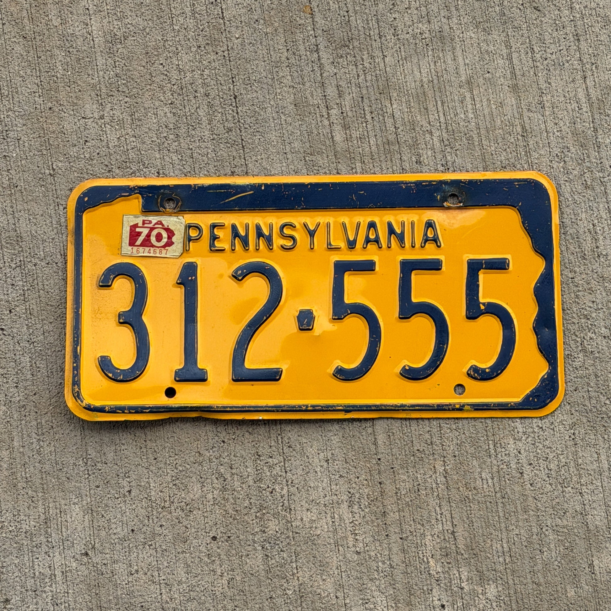 Photo of a 1965 1970 Pennsylvania License Plate Auto Tag Garage Decor Vintage Repeat Repeating 312 555 with original patina
