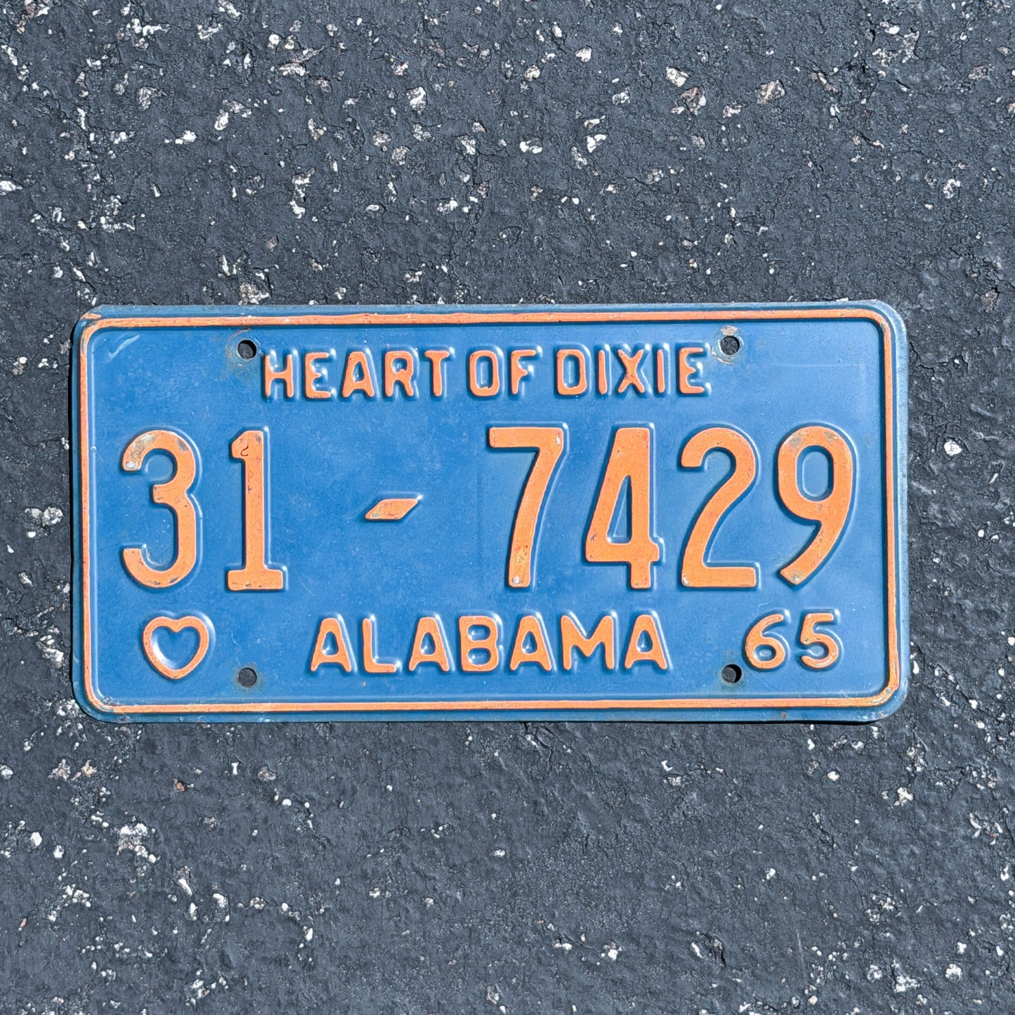 Photo of a 1965 Alabama License Plate Auto Tag Garage Decor Vintage 31 7429 with original patina