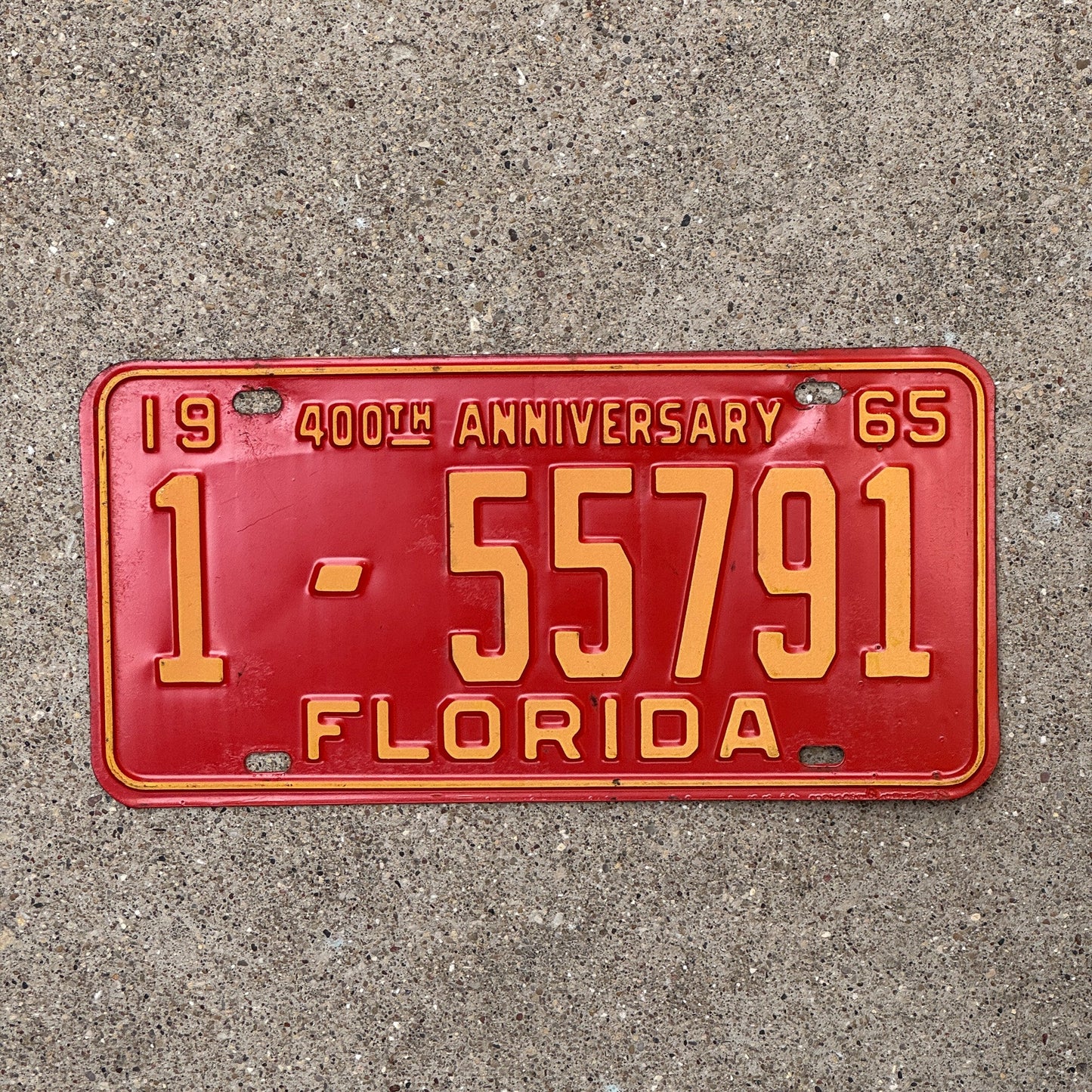 Photo of a 1965 Florida License Plate Auto Tag Garage Decor Vintage High Quality 1 55791 with original patina