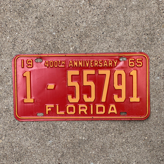 Photo of a 1965 Florida License Plate Auto Tag Garage Decor Vintage High Quality 1 55791 with original patina