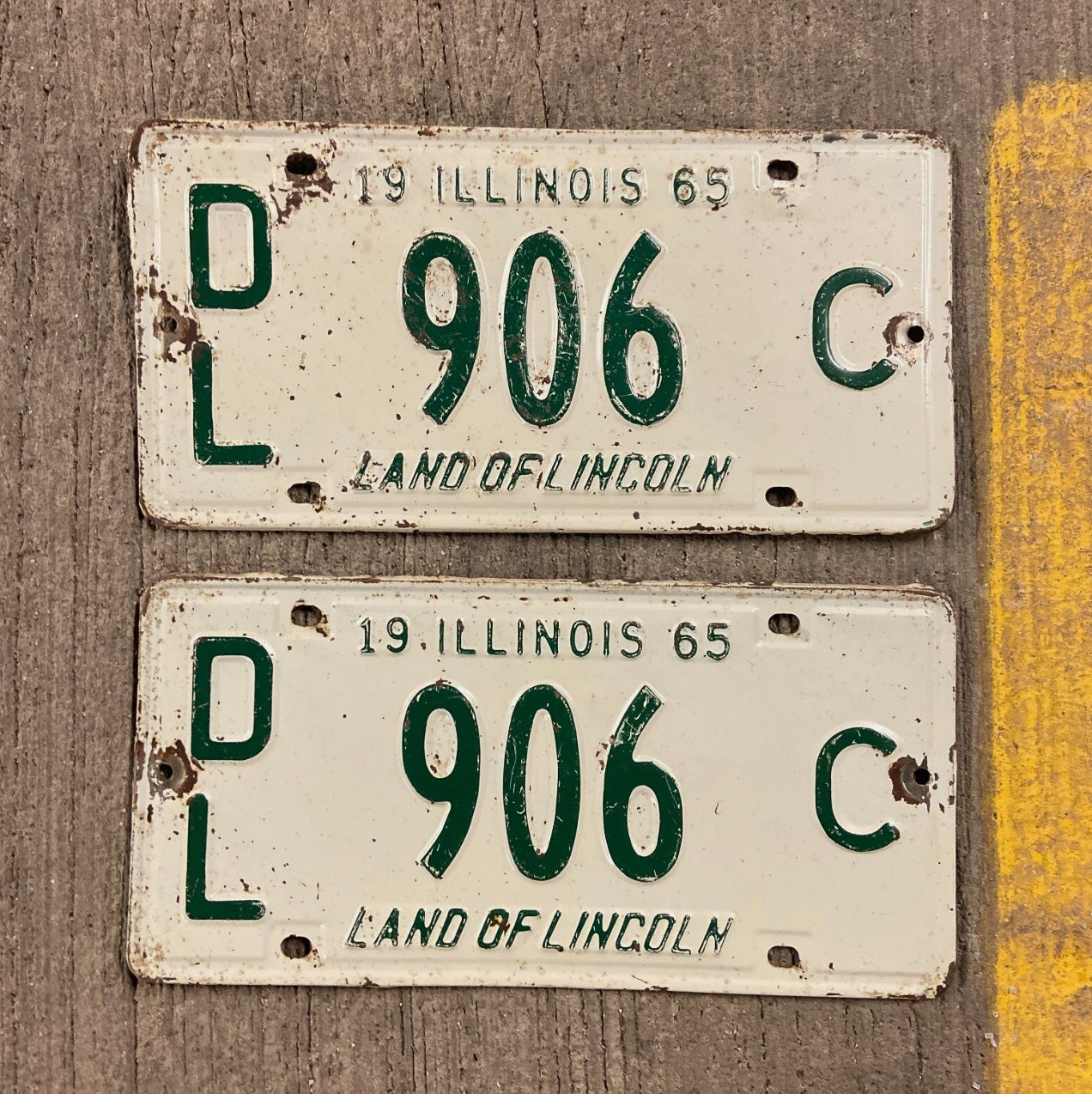 Photo of a 1965 Illinois Dealer License Plate Pair Auto Tag Garage Decor Vintage 906 C with original patina