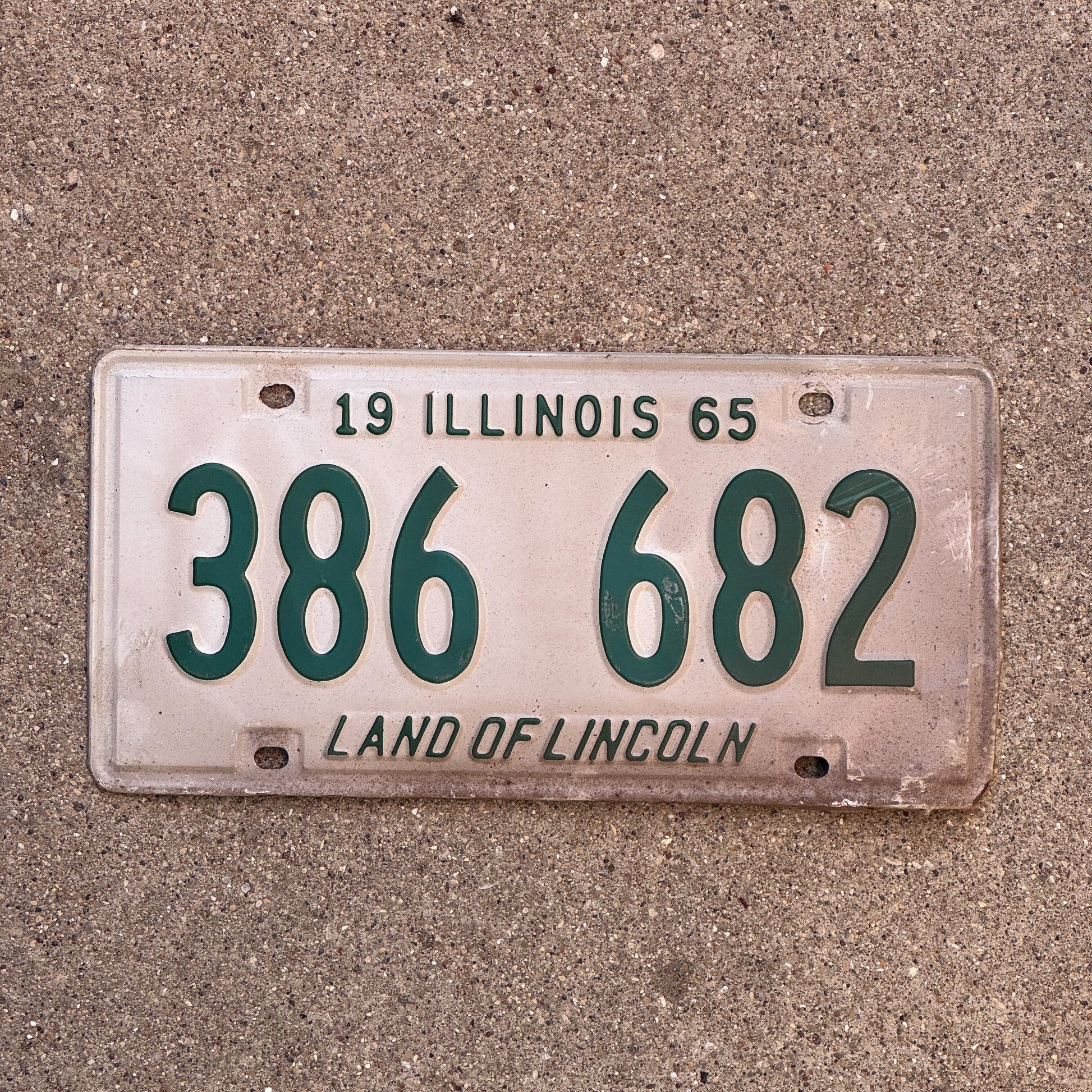 Photo of a 1965 Illinois License Plate Auto Tag 1 Vintage Garage 386 682 with original patina