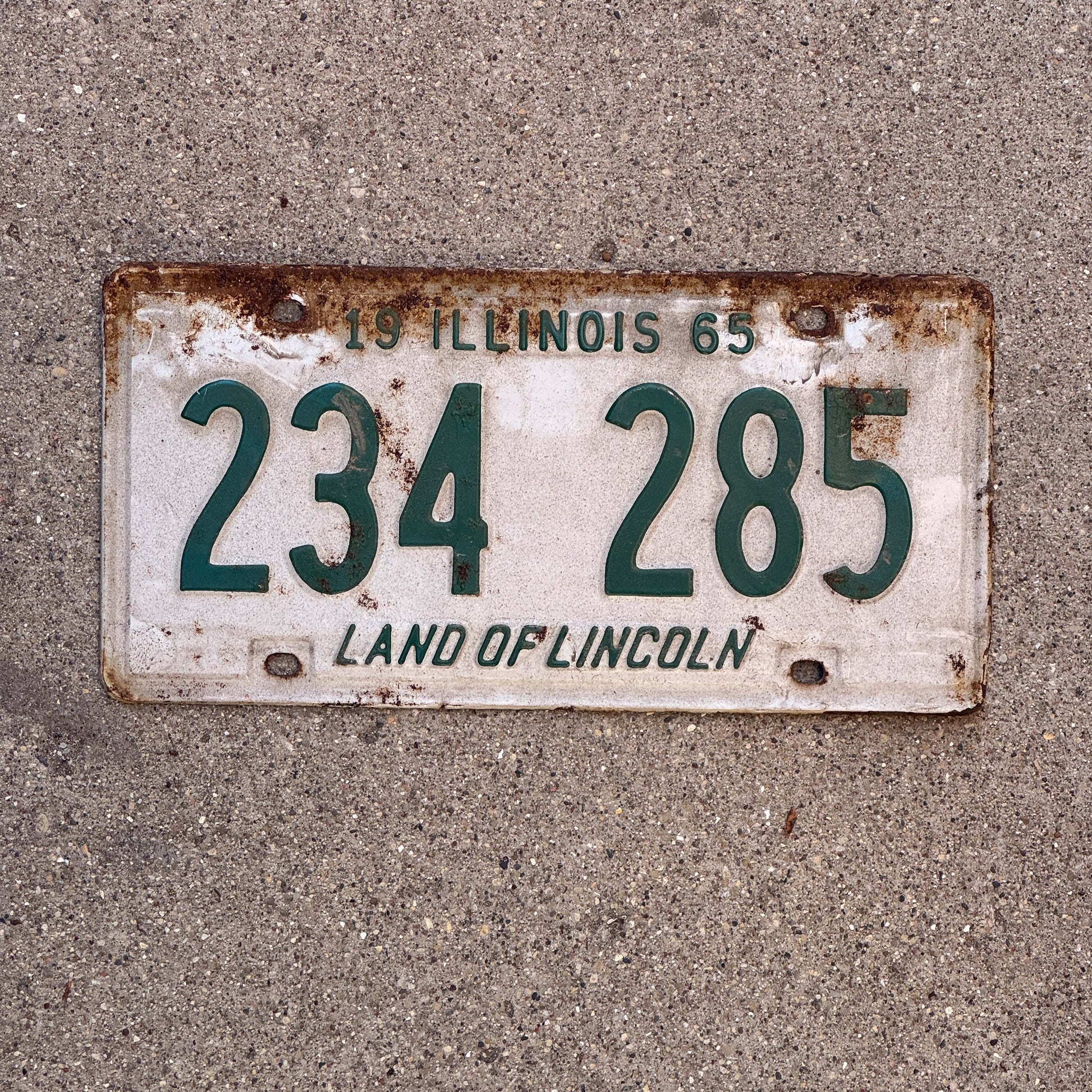 Photo of a 1965 Illinois License Plate Auto Tag 2 Vintage Garage 234 285 with original patina