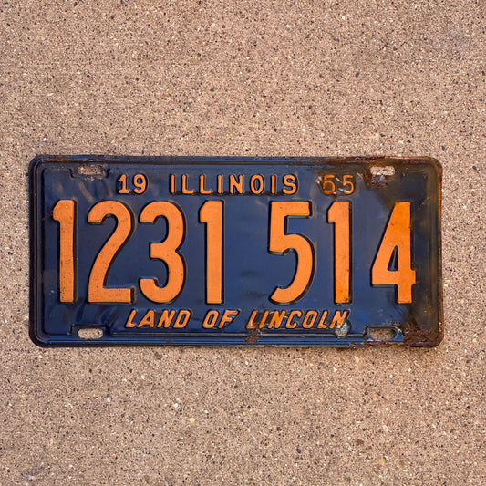 Photo of a 1965 Illinois License Plate Auto Tag Garage Decor Vintage 1 231 514 with original patina