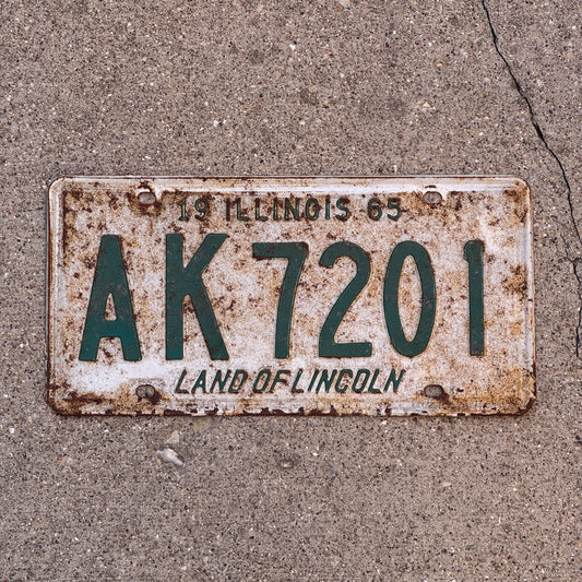 Photo of a 1965 Illinois License Plate Auto Tag Garage Decor Vintage AK 7201 with original patina