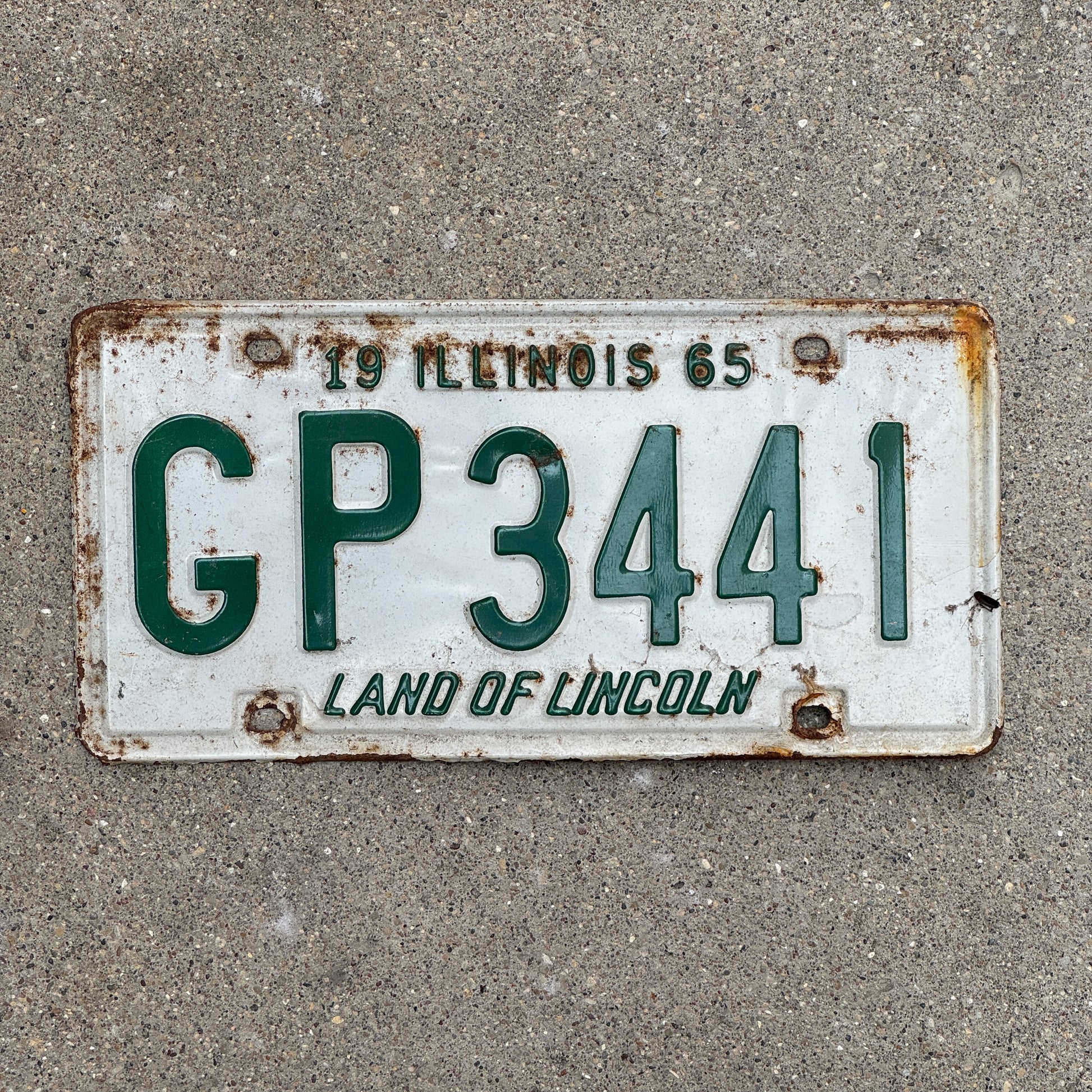 Photo of a 1965 Illinois License Plate Auto Tag Garage Decor Vintage GP 3441 with original patina
