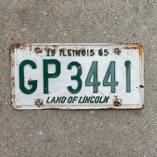 Photo of a 1965 Illinois License Plate Auto Tag Garage Decor Vintage GP 3441 with original patina