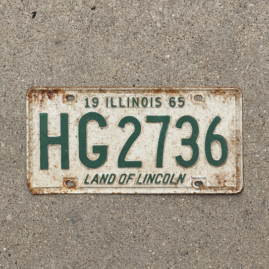 Photo of a 1965 Illinois License Plate Auto Tag Garage Decor Vintage HG 2736 with original patina