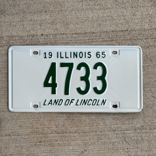 Photo of a 1965 Illinois License Plate Auto Tag Garage Decor Vintage Low Number Four Digit 4733 with original patina