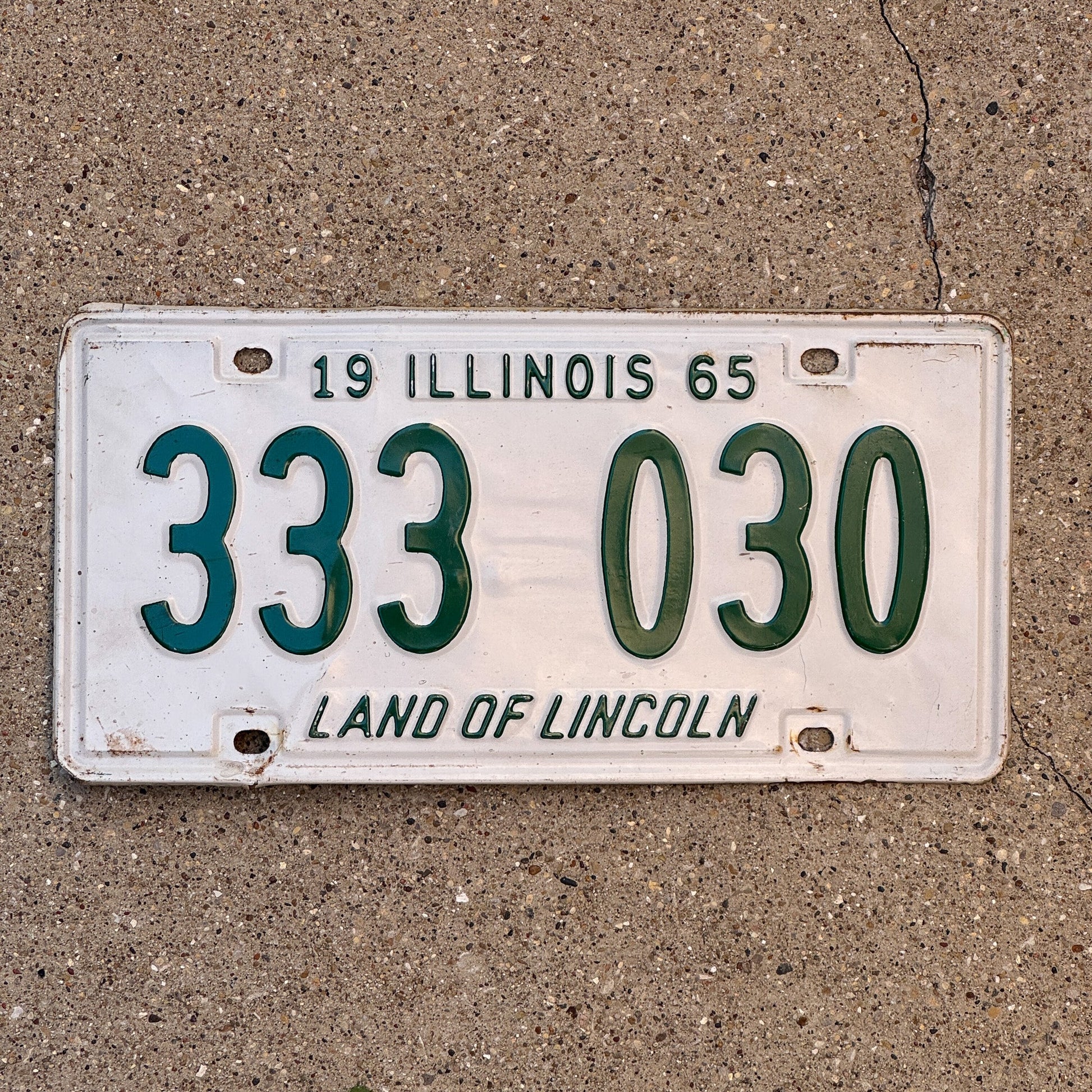 Photo of a 1965 Illinois License Plate Auto Tag Garage Decor Vintage Repeat Repeating 333 030 with original patina