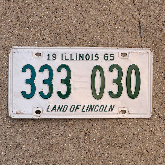 Photo of a 1965 Illinois License Plate Auto Tag Garage Decor Vintage Repeat Repeating 333 030 with original patina