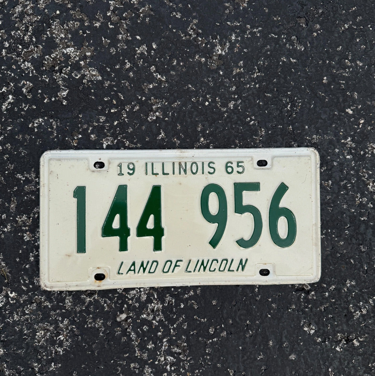 Photo of a 1965 Illinois License Plate Auto Tag Garage Decor Vintage White Green 144 956