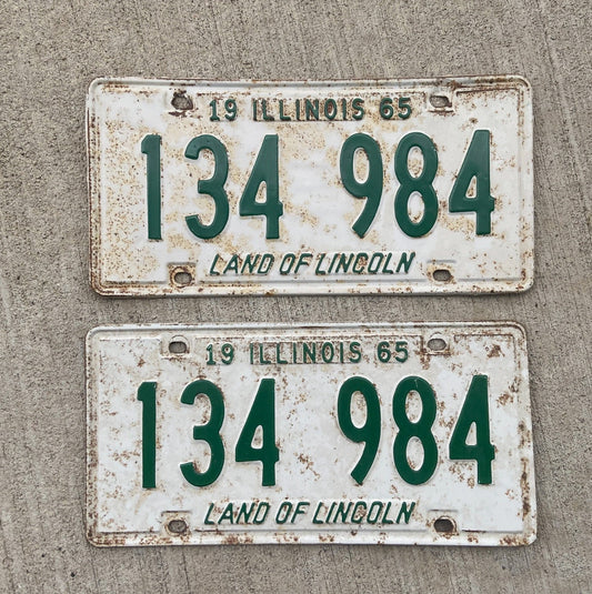 Photo of a 1965 Illinois License Plate Pair Auto Tag Garage Decor Vintage 134984 with original patina