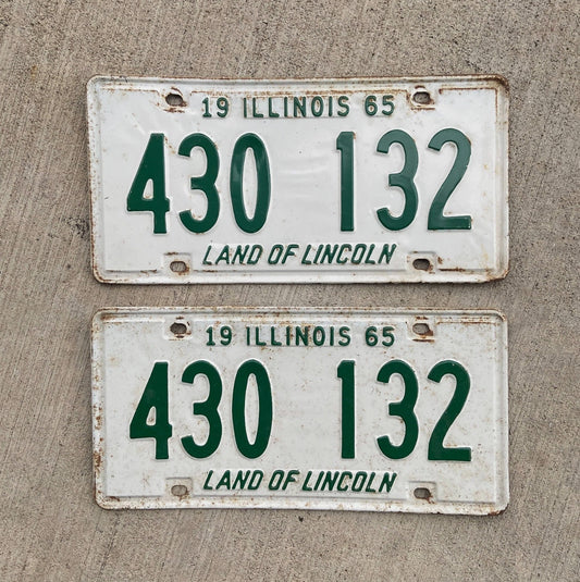 Photo of a 1965 Illinois License Plate Pair Auto Tag Garage Decor Vintage 430132 with original patina