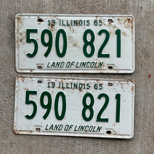 Photo of a 1965 Illinois License Plate Pair Auto Tag Garage Decor Vintage 590 821 with original patina