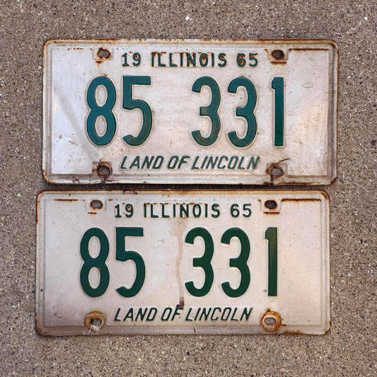 Photo of a 1965 Illinois License Plate Pair Auto Tag Garage Decor Vintage 85 331 with original patina