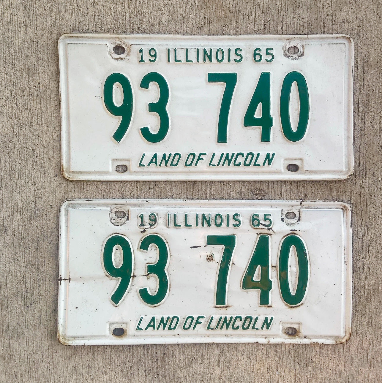 Photo of a 1965 Illinois License Plate Pair Auto Tag Garage Decor Vintage 93740 with original patina