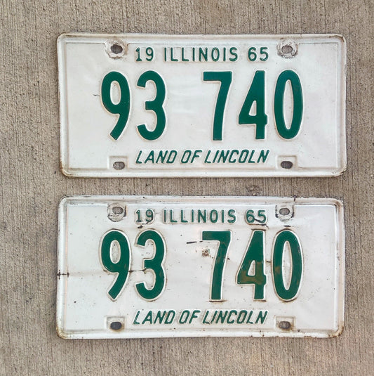 Photo of a 1965 Illinois License Plate Pair Auto Tag Garage Decor Vintage 93740 with original patina
