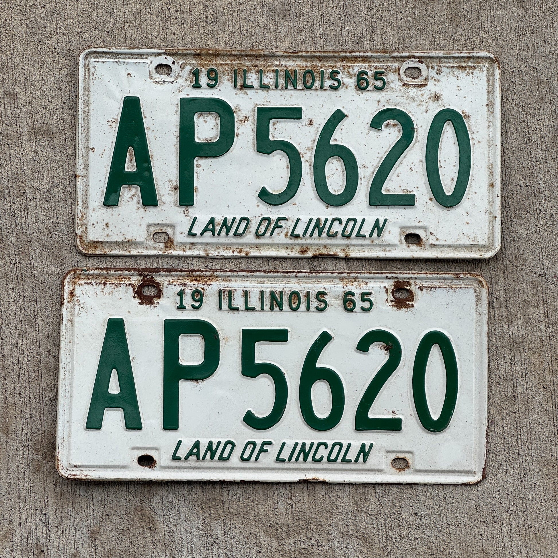Photo of a 1965 Illinois License Plate Pair Auto Tag Garage Decor Vintage AP 5620 with original patina