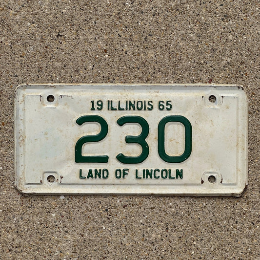 Photo of a 1965 Illinois Motorcycle License Plate Auto Tag Garage Decor Vintage Low Number Three Digit 230 with original patina