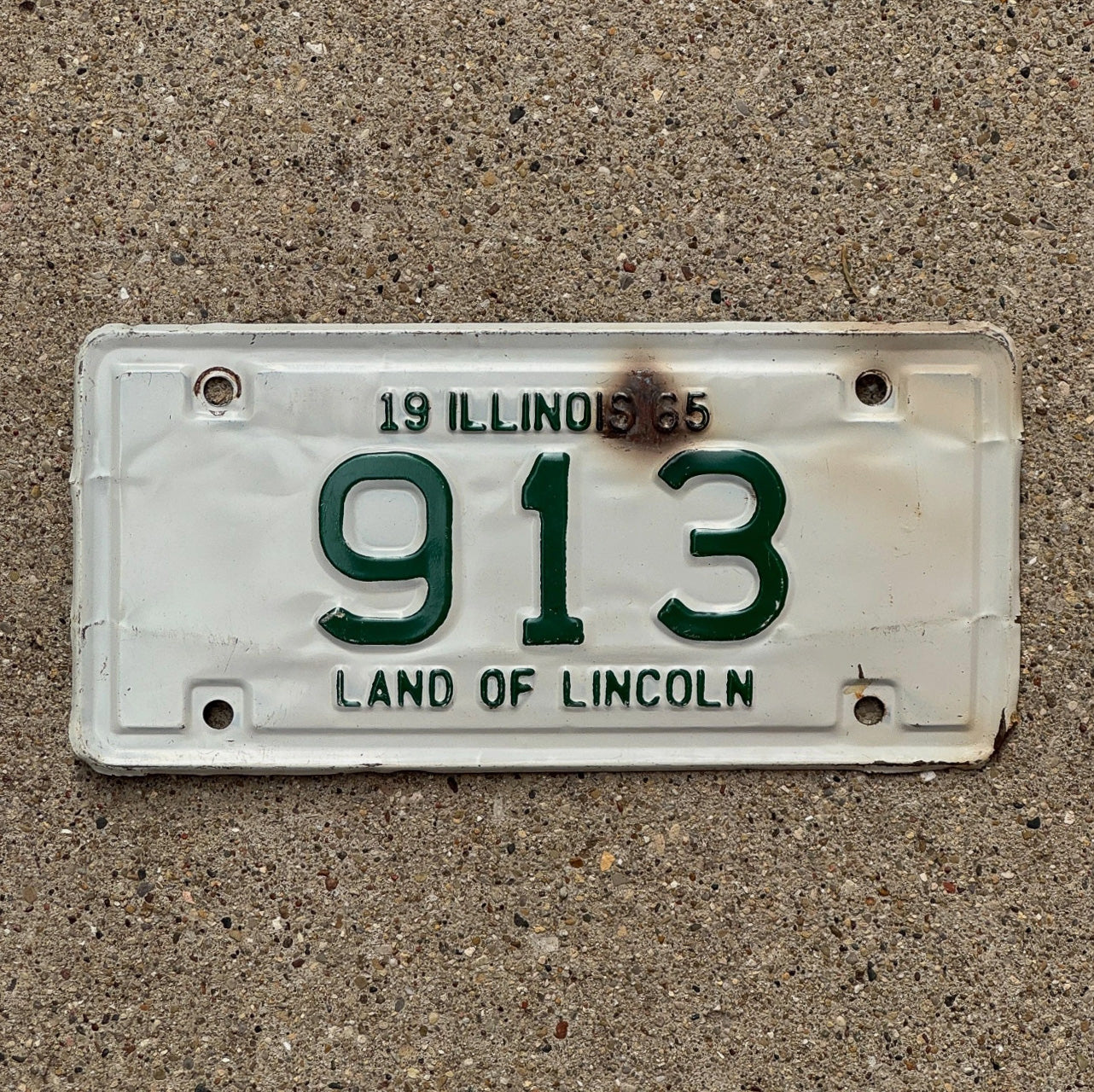 Photo of a 1965 Illinois Motorcycle License Plate Auto Tag Garage Decor Vintage Low Number Three Digit 913 with original patina