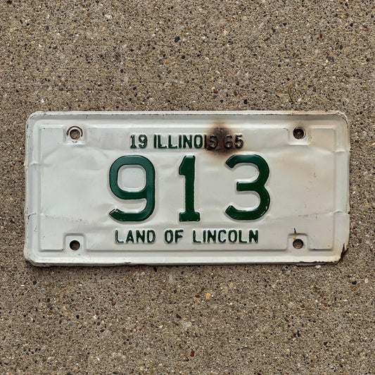 Photo of a 1965 Illinois Motorcycle License Plate Auto Tag Garage Decor Vintage Low Number Three Digit 913 with original patina